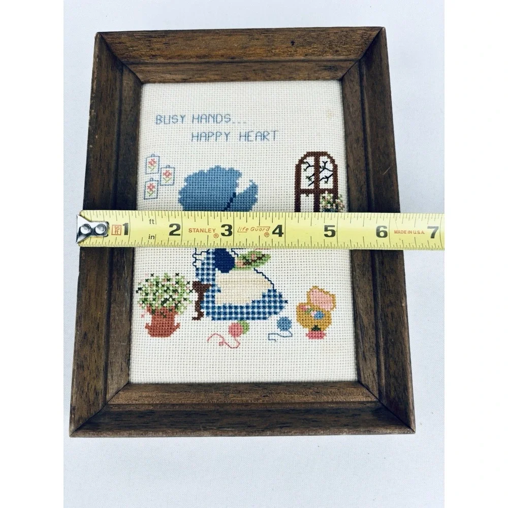 Vintage Picture Framed Cross Stitch Handmade Bonnet Girls Busy Hands Happy Heart